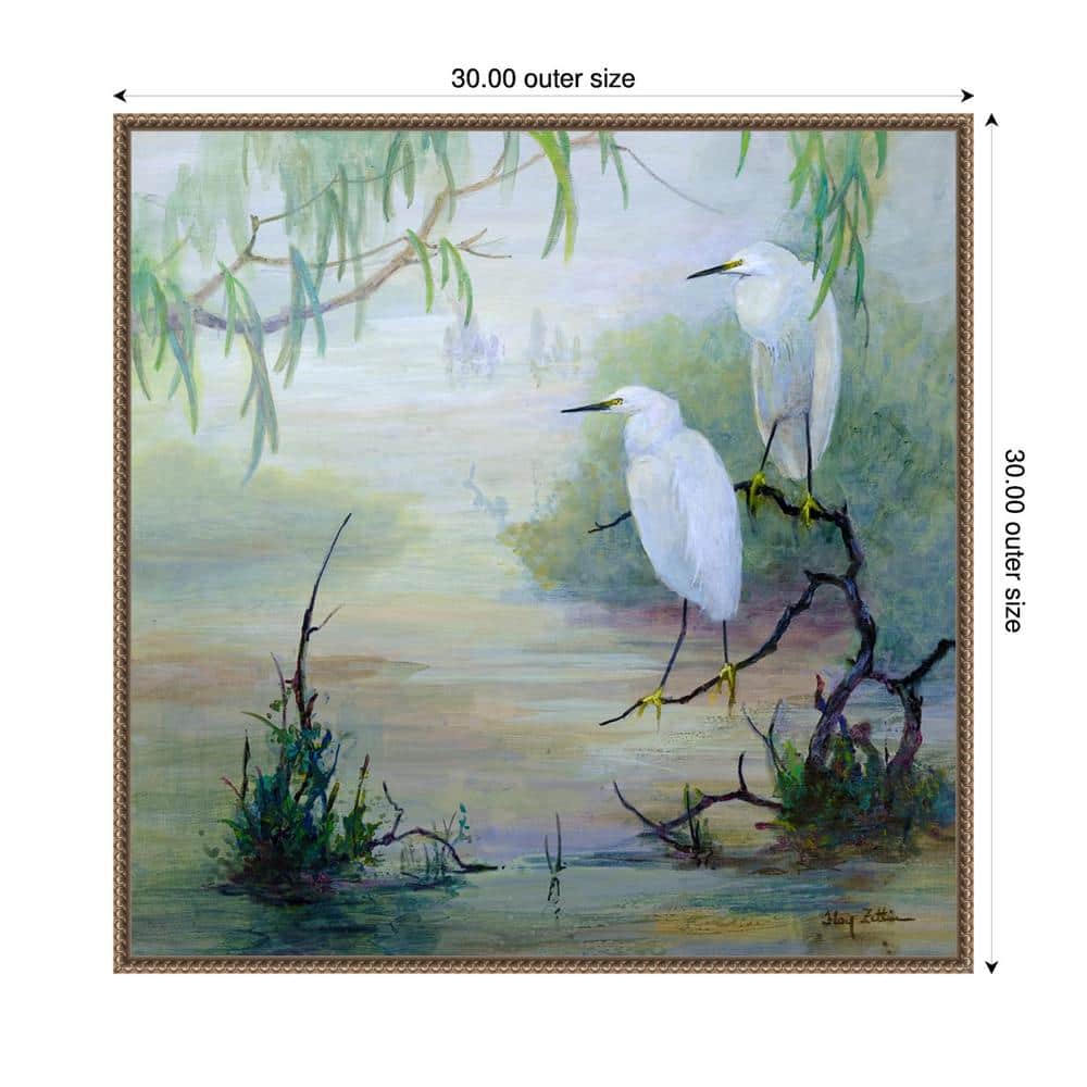 Snowy Egrets in Wetlands Bronze Framed Canvas Wall Art