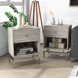 Milo 18 in. Light Gray Rectangle Wood Side Table with USB Port (Set of 2)
