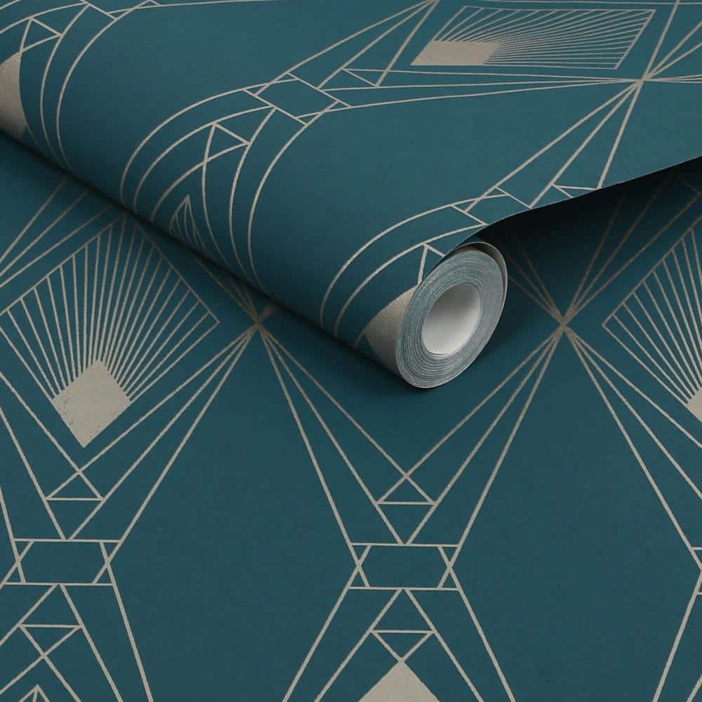 Teal and Gold Art Deco Geometric Removable Wallpaper
