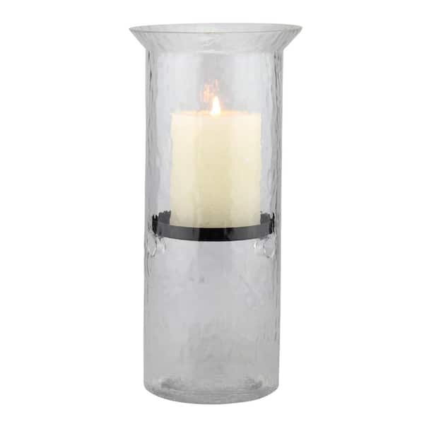 Stonebriar Collection 12 in. H Glass Hammered Hurricane Candle Holder with Gunmetal Tray