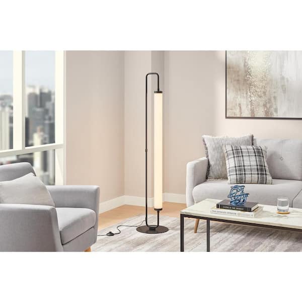 Hampton Bay Aranda 58 in. Black Integrated LED Column Floor Lamp with Acrylic Shade and CCT Color Temperature Selectable