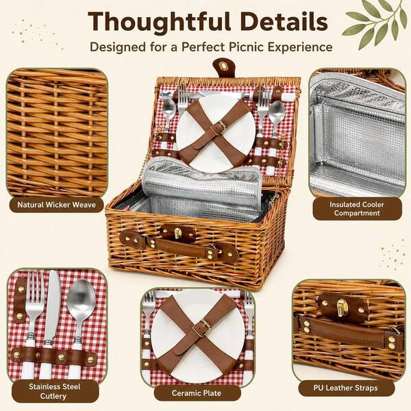 Numhew Picnic Basket w/Cutlery Kit and Glasses, Insulated and