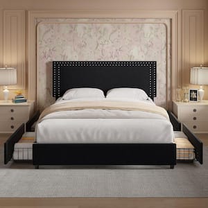 Platform Bed Frame Black Metal Frame Queen Size Platform Bed with 4-Storage Drawers, Upholstered bed with Headboard
