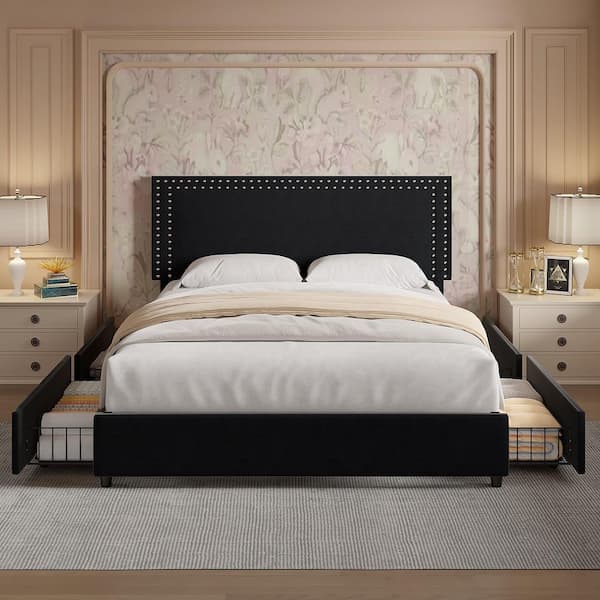 Platform Bed Frame Black Metal Frame Queen Size Platform Bed with 4 Storage Drawers, Upholstered bed with Headboard