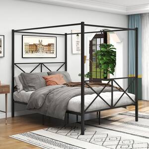 60 in.W Black Queen Size Metal Canopy Bed Frame With X Shaped, Platform Bed With Headboard Footboard Steel Slats Support