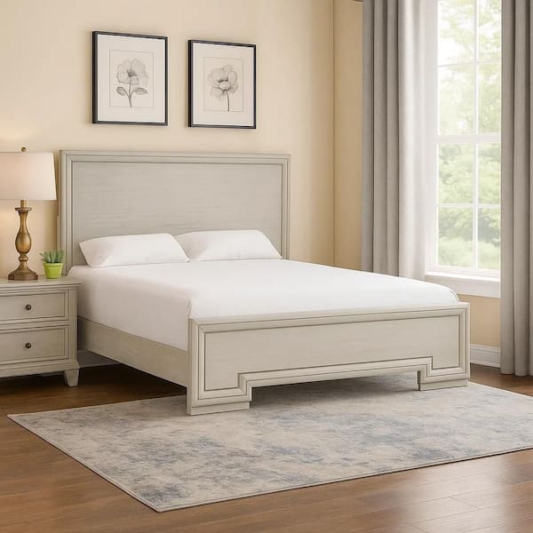 Basil Rustic White Wood Frame King Panel Bed with Transitional Panel Design