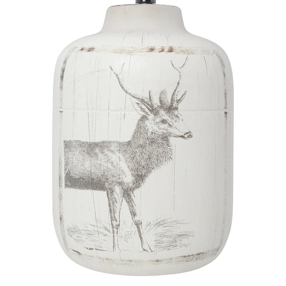 White Ceramic Deer Print Nightstand Lamp with Linen Shade