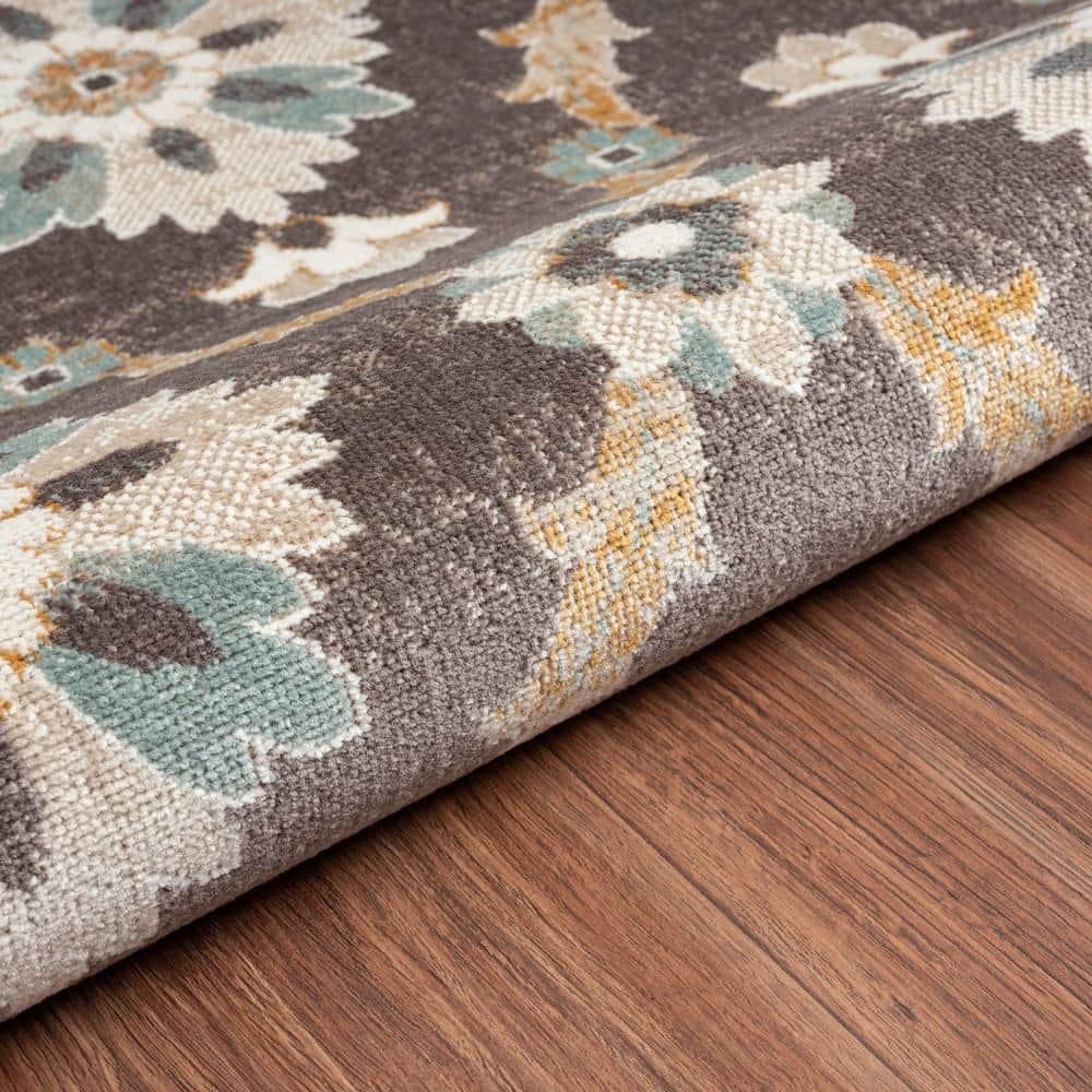 Reversible Rectangular Blue Floral Easy-Care Synthetic Area Rug