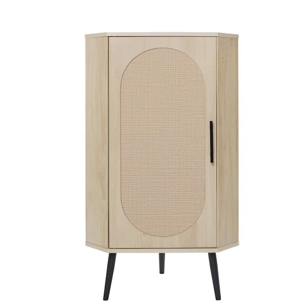 14.96 in. W x 15.75 in. D x 39.37 in. H Beige Linen Cabinet, Corner Cabinet with Rattan Door For Small Spaces-Natural