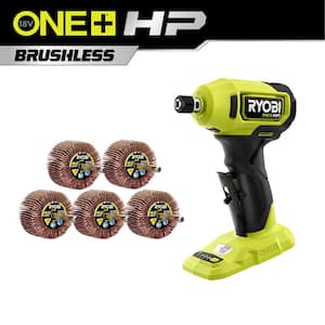 ONE+ HP 18V Brushless Cordless Compact 1/4 in. Right Angle Die Grinder (Tool Only) with 40 Grit Flap Wheel Set (5-Piece)