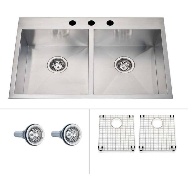 ECOSINKS Acero Ultra Premium Combo Dual Mount Drop-in Stainless Steel 3-Hole Double Bowl Kitchen Sink Creased Bottom-DISCONTINUED