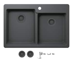 Stonehaven 33 in. Drop-In 60/40 Double Bowl Charcoal Gray Granite Composite Kitchen Sink with Charcoal Strainer
