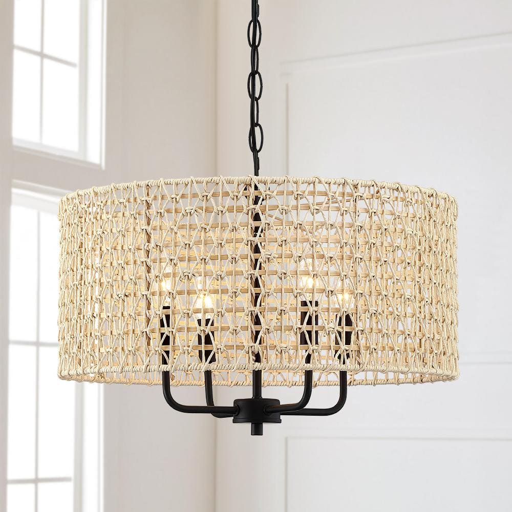 Natural Beige Rattan Drum Pendant Chandelier with Black Accents
