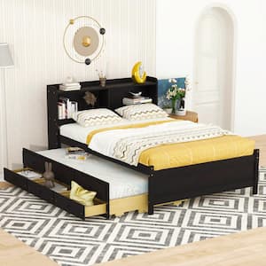 Espresso(Brown) Wood Frame Full Platform Bed with Twin Trundle, 3-Drawer, Storage Headboard with LED Light, USB Charging