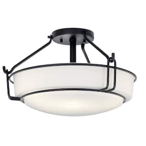 Alkire 16.5 in. 3-Light Black Hallway Transitional Semi-Flush Mount Ceiling Light with Frosted Glass