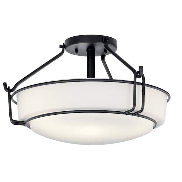 KICHLER Alkire 16.5 in. 3-Light Black Hallway Transitional Semi-Flush Mount Ceiling Light with Frosted Glass