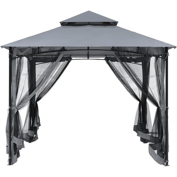 Gray 10 ft. x 10 ft. Steel Frame Outdoor Patio Gazebo Party Tent Event Canopy with Double Roofs and Mosquito Netting