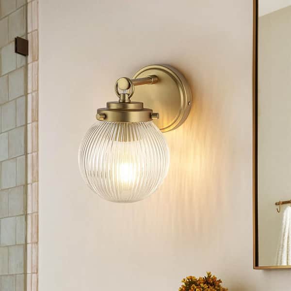 5.91 in. 1-Light Brushed Gold Vintage Industrial Wall Sconce Lighting Fixture with Round Clear Globe Ribbed Glass Shade