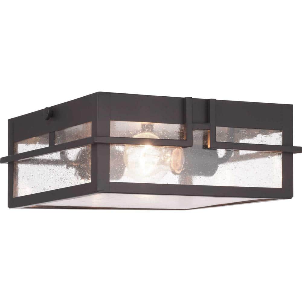 Boxwood Collection 2-Light Antique Bronze Clear Seeded Glass Craftsman Outdoor Ceiling Flush Mount Light price history on PriceWatchPro
