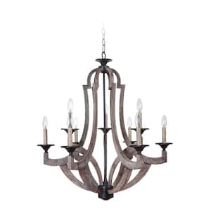 Winton 9-Light Weathered Pine/Bronze Finish Hanging Chandelier for Kitchen or Foyer with No Bulbs Included