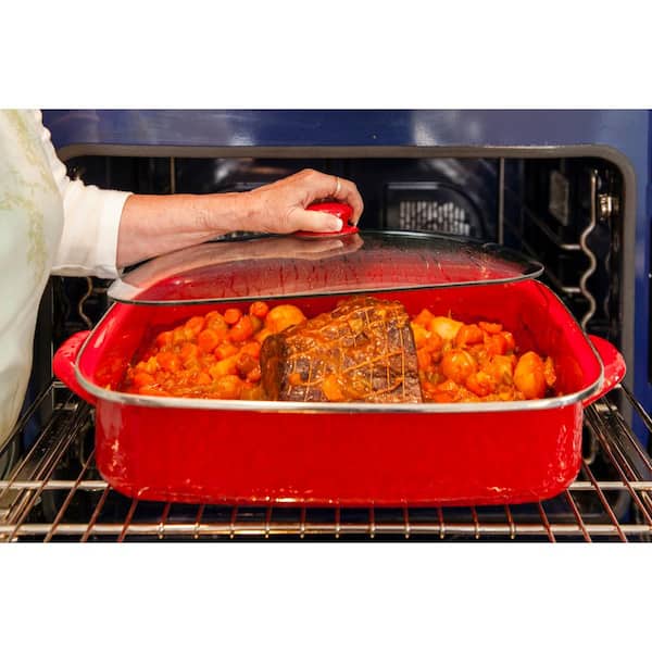 Golden Rabbit 10.5 qt. Solid Red Enamelware Oven Safe Roasting Pan with Lid