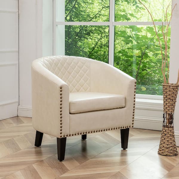 Cream Modern Faux Leather Upholstered Accent Tufted Club Chair