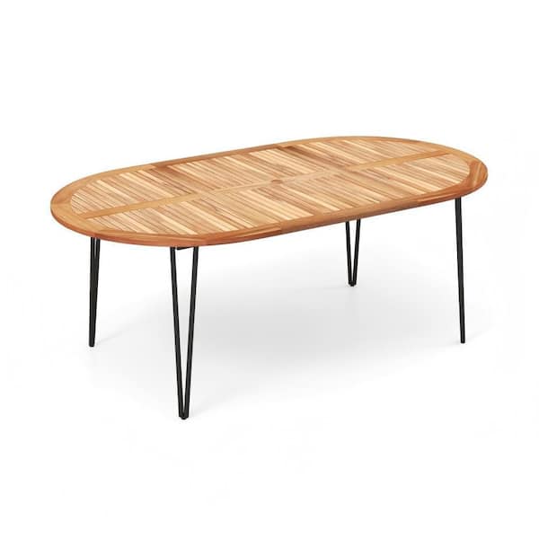 79 in. Oval Acacia Wood Outdoor Dining Table for 8 with 2" Umbrella Hole and Metal Legs for Patio or Deck