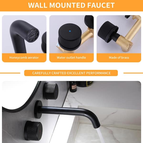 2-Handle Wall Mounted Roman Tub Faucet with Waterfall Spout and Knob Handles in Matte Black