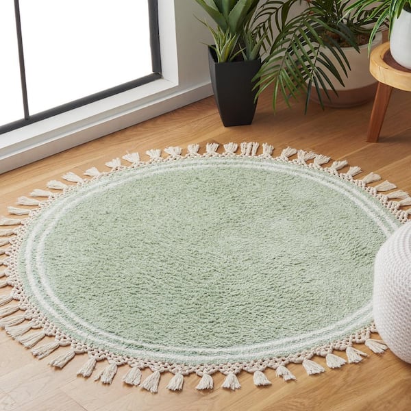 Easy Care Teal/Ivory Doormat 3 ft. x 3 ft. Machine Washable Border Solid Color Round Area Rug
