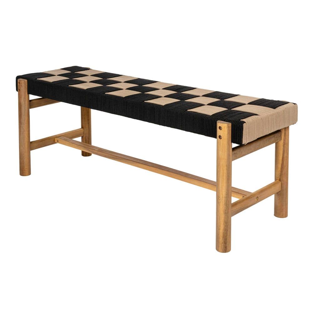 Denis 48 in. 2-Seat Backless 700 lbs. Support Acacia Wood Outdoor Bench with Checkerboard Woven Rope Seat, Black/Beige price history on PriceWatchPro