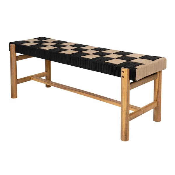 Denis 48 in. 2-Seat Backless 700 lbs. Support Acacia Wood Outdoor Bench with Checkerboard Woven Rope Seat, Black/Beige