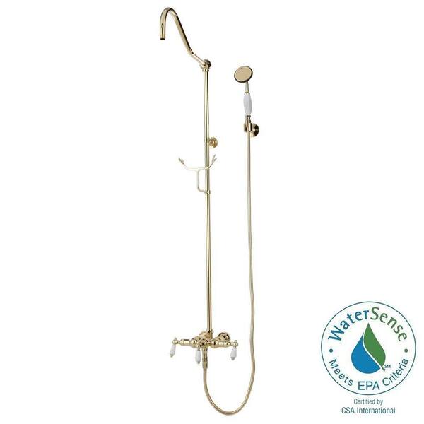 Elizabethan Classics ETS11 Wall-Mount Exposed Hand Shower and Shower Head Combo Kit and Porcelain Levers in Polished Brass (Valve Included)