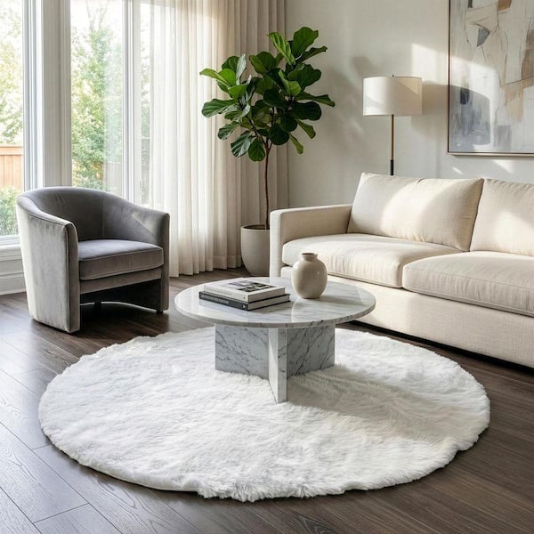 Aurora White 5 ft. Wide Faux Fur Round Area Rug
