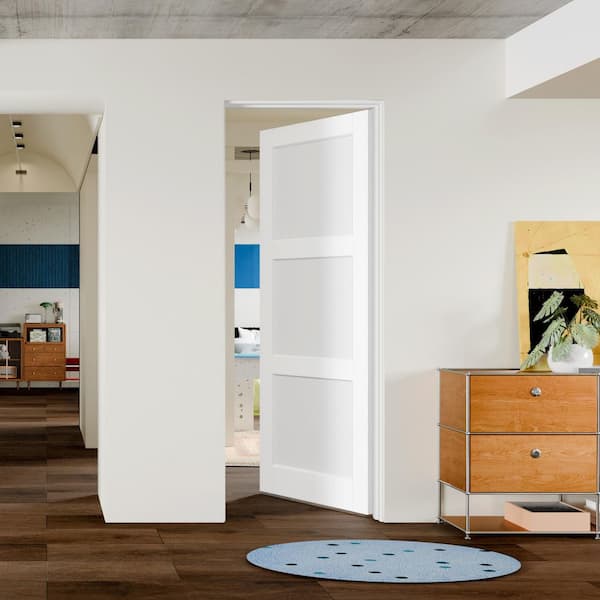 30in.x 80in. 3-Lite Solid Manufacture Wood Prehung Interior Door Right-Handed MDF White with Door Jamb and Hardware Kit