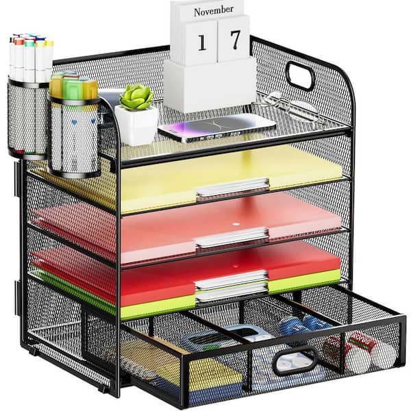 Afoxsos Black 12 in. W x 5 in. H Metal Desk Organizer with Drawer and 2 Pen Holders, Mesh File Sorter, Office School Home