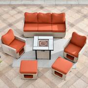 Echo Beige 6-Piece Wicker Outdoor Multi-Functional Patio Conversation Sofa Set with a Fire Pit and Orange Red Cushions