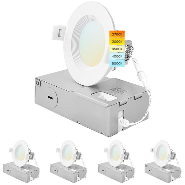 LUXRITE 3 in. 6W 5 Color Selectable Canless Ultra Thin J-Box Remodel Integrated LED Recessed Light Kit Baffle 4 Pack