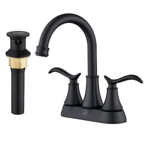 4 in. Centerset Double Handle High Arc Bathroom Faucet with 360° Swivel Spout, Stainless Steel Drain in Matte Black
