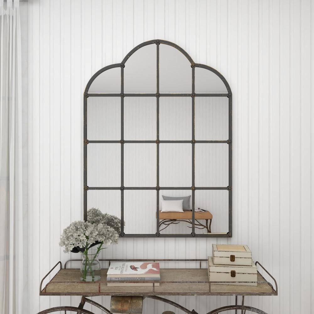 Arched Black Metal Window Pane Wall Mirror