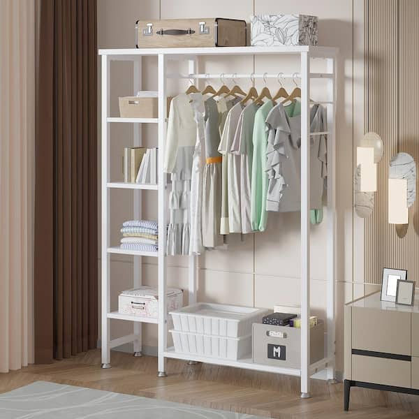 VECELO Heavy Duty Open Garment Clothing Rack, White Free-Standing Storage Closet for Small Space with 5 Shelves and Hanging Rod