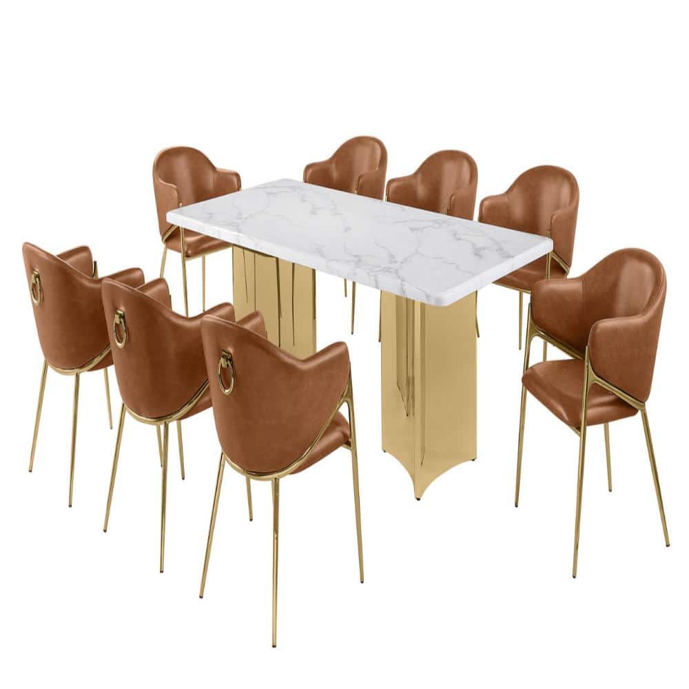 Judy 9-Piece Rectangle White Marble Top Gold Stainless Steel Base Dining Set With 8 Toffee Color Chairs price history on PriceWatchPro