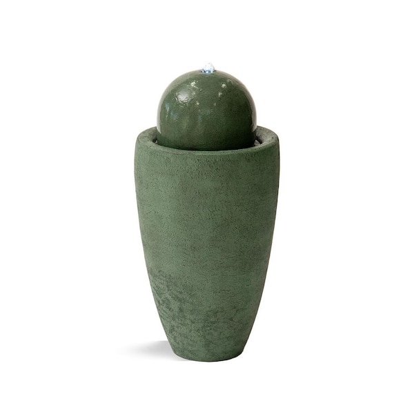 Xbrand 25.98 in. H Round Stone Indoor/Outdoor Modern Stone Textured Sphere Water Fountain w/LED Lights, Green