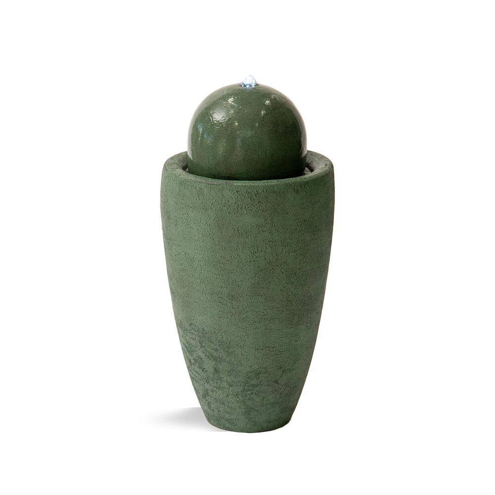 XBRAND 25.98 in. H Round Stone Indoor/Outdoor Modern Stone Textured Sphere Water Fountain w/LED Lights, Green