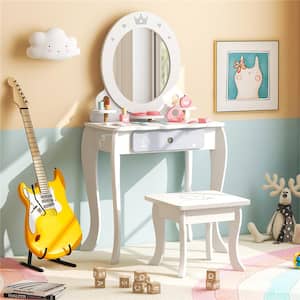 2-Piece MDF Top White Kids Vanity Set Makeup Table and Chair Sweet Accessories Included Storage Drawer