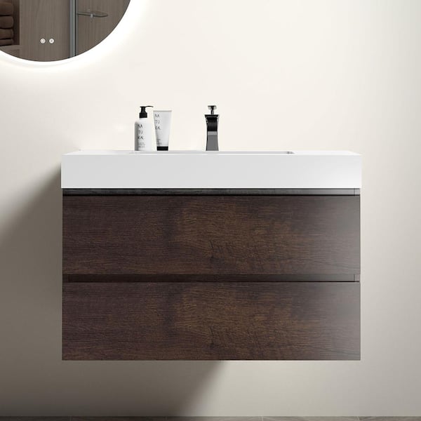 MYCASS 35.8 in. W x 18.1 in. D x 25.2 in. H Floating Bath Vanity in Rose Wood with 1 White Solid Surface Sink Top