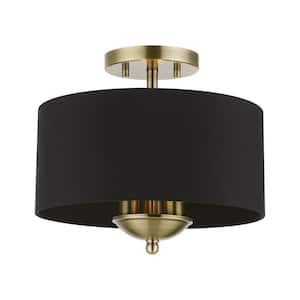 Wynbrook 12 in. 3-Lights Antique Brass Semi Flush Mount with Black Fabric Shade