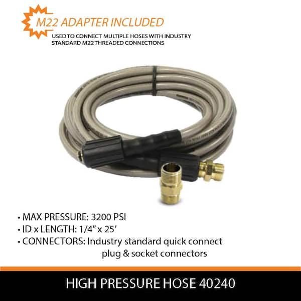 WOJET 3200 PSI 25 FT Pressure Washer Hose 1/4 M22-14mm Brass Thread U