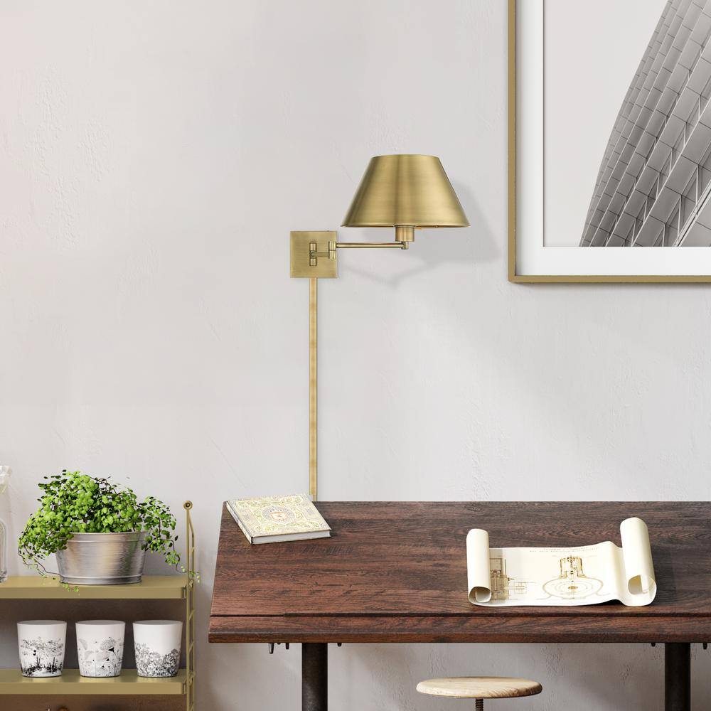 Antique Brass Swing Arm Wall Lamp with Satin Shade