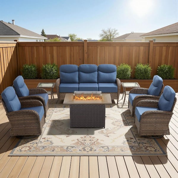 High Crescent 10-Piece Brown Wicker Patio Conversation Set with Blue Cushions and Wicker Fire Pit Table
