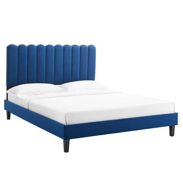 MODWAY Reagan Navy Blue Performance Velvet Frame Full Platform Bed